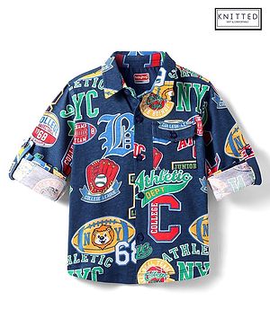 Babyhug Cotton Knit Full Sleeves  Shirt with Sports Text Print- Navy Blue