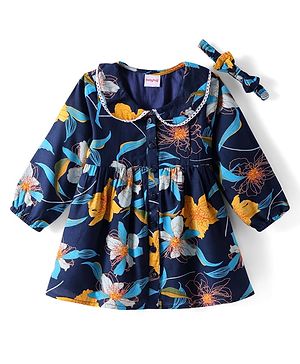 Babyhug Woven Full Sleeves Peter Pan Collar Frock with Floral Print & Head Band - Navy Blue