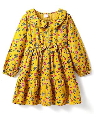 Babyhug Woven Full Sleeves Peter Pan Collard Frock with Floral Print & Bow Applique - Yellow