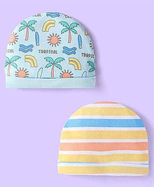Babyhug Interlock Cotton Knit Tropical & Stripe Printed Caps Pack Of 2 - Blue & Yellow