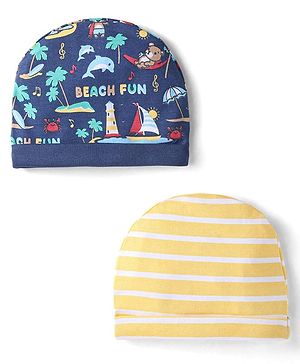 Babyhug Interlock Cotton Knit Beach & Stripe Printed Caps Pack Of 2 - Navy Blue & Yellow