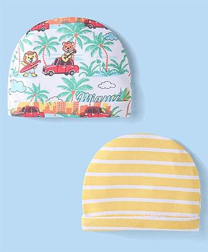Babyhug Interlock Cotton Knit Tropical & Stripe Printed Caps Pack Of 2 - White & Yellow