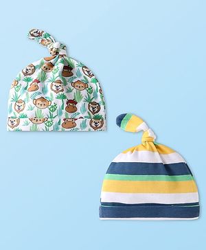 Babyhug Interlock Knit Caps with Animal Prints & Stripes Pack of 2 - White