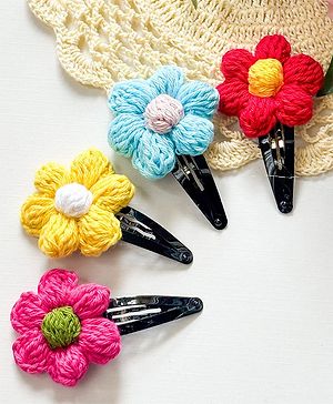 Bobbles & Scallops Set of 4 Crocheted Floral Snap Clips - Multi Colour