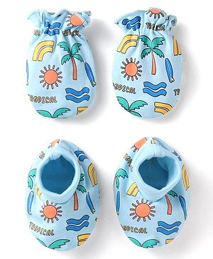 Babyhug 100% Cotton Knit Mittens & Booties With Tropical Print - Blue