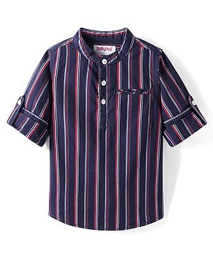 Babyhug Cotton Woven Full Sleeves Checkered Shirt With Mandarin Collar - Navy Blue