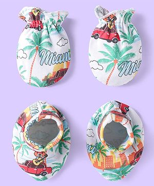 Babyhug Interlock Cotton Knit Mittens & Booties Set with Tropical Print - White