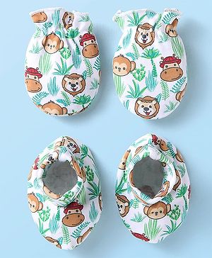 Babyhug 100% Cotton Knit Mittens & Booties With Jungle Print - White & Green
