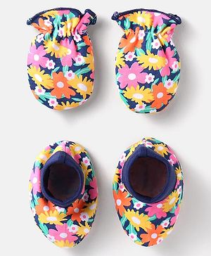Babyhug 100% Cotton Mittens & Booties Floral Print Pack of 2 - Navy Blue