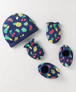 Babyhug Interlock Knit Caps Mittens & Booties With Fruit Print - Navy Blue