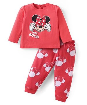 Babyhug Disney Single Jersey Knit Full Sleeves Night Suit with Minnie Mouse Graphics - Red