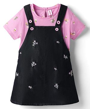 Babyhug Cotton Woven Frock & Half Sleeves Inner Tee With Floral Print & Embroidery - Black & Pink