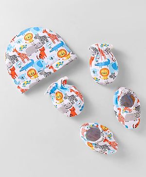 Babyhug Interlock Knit Caps Mittens & Booties With Animal Print - White