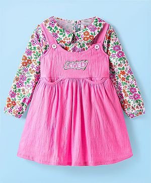 Babyhug Cotton  Woven Full Sleeves Floral Printed T-Shirt & Frock with Text Patch