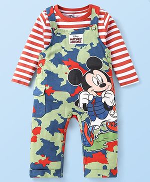 Babyhug Disney Single Jersey Knit Full Sleeves T-Shirt with Dungaree Mickey Mouse Graphics & Camouflage Detailing - Green & Red