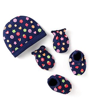 Babyhug Cotton Interlock Knit Cap Mittens And Booties Floral & Smiley Print - Navy Blue
