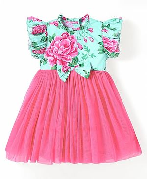 Babyhug Cotton Woven Frill Sleeves Frock with Floral Print & Bow Applique - Pink