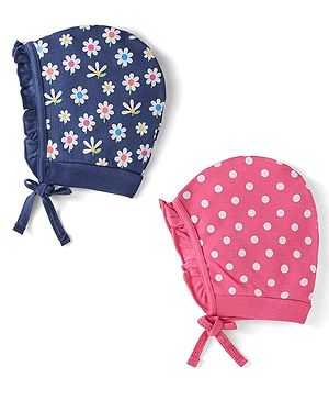 Babyhug 100% Cotton Knit Tie Knot Bonnet Cap Floral & Polka Dot Print Pack of 2 - Pink & Blue