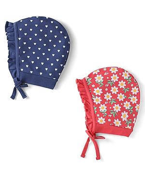 Babyhug 100% Cotton Knit Tie Knot Bonnet Cap Floral & Polka Dot Print Pack of 2 - Red & Blue