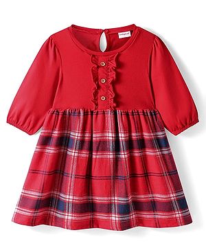 Babyhug Cotton Woven Full Sleeves Checkered Frock With Frill Detailing - Red