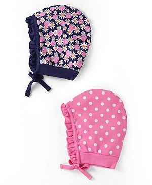 Babyhug Interlock Knit Caps with Floral Print & Polka Dots Pack of 2 - Pink & Navy Blue