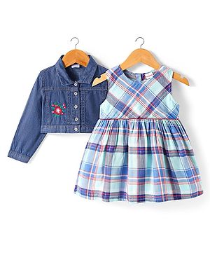 Babyhug Cotton Woven Checkered Frock With Full Sleeves Jacket & Floral Embroidery - Blue