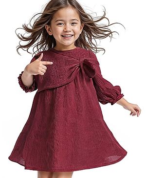 Babyhug Cotton Woven Full Peasant Sleeves Solid Colour  Frock with Bow Detailing - Maroon