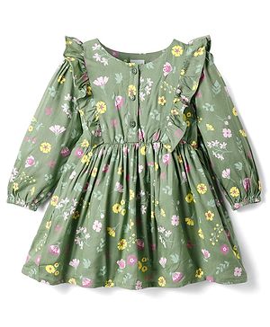Babyhug Cotton Knit Full Sleeves Frock With Frill Detailing & Floral Print - Olive Green
