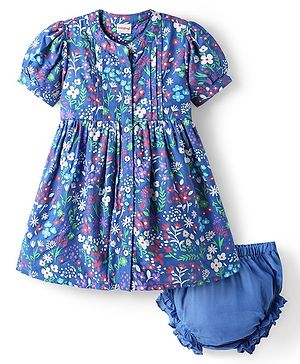 Babyhug Cotton Woven Puffed Sleeves Front Open Frock & Bloomer with Floral Print - Blue
