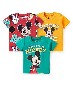 Babyhug Disney Single Jersey Knit Half Sleeves T-Shirts with Mickey Mouse Graphics Pack of 3 - Yellow Red & Green