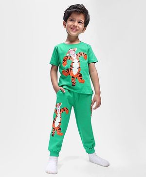Babyhug Disney Single Jersey Knit Half Sleeves T-Shirt &  Lounge Pants With Tigger Graphics - Green