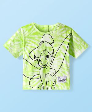 Babyhug Disney Cotton Knit Half Drop Shoulder Sleeves Oversized T-Shirt with Tinker Bell Graphics - Light Green