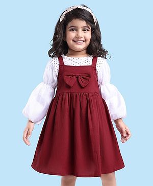 Babyhug Woven Frock with Full Sleeves Polka Dots Printed Top & Bow Applique - White & Red