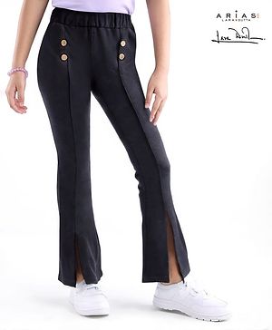 Arias Cotton Looper  Knit Full Length Stretch Flared Trouser with Front Slits & Elasticated Waist - Black