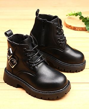 KIDLINGSS Buckle Applique Lace Up High Top Boots - Black