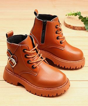 KIDLINGSS Buckle Applique Lace Up High Top Boots - Brown