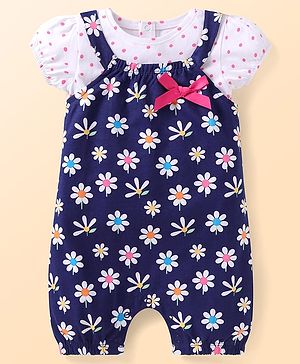 Babyhug Single Jersey Knit Dungaree Style Romper & Half Sleeves T-Shirt With Floral Print - Navy Blue & White