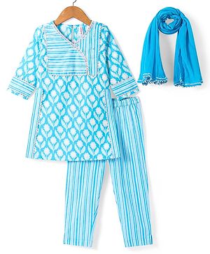 Babyhug Woven Three Fourth Sleeves Cambric Floral Printed Kurti Palazzo & Dupatta Set - Light Blue