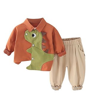 Little Surprise Box Cotton Full Sleeves Dinosaur Patch Embroidered & Applique Detailed Shirt & Pant Set - Orange & Beige