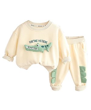 Little Surprise Box Cotton Full Sleeves Crocodile Patch & Applique Detailed Sweatshirt & Joggers Set - Cream