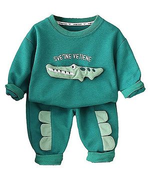 Little Surprise Box Cotton Full Sleeves Crocodile Patch & Applique Detailed Sweatshirt & Joggers Set - Green