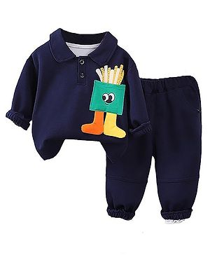 Little Surprise Box Cotton Full Sleeves French Fries Printed & Patch Embroidered Sweatshirt & Joggers Set - Blue