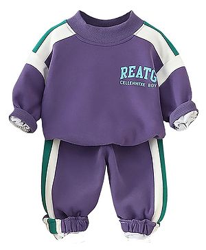 Little Surprise Box Cotton Full Sleeves Reatg Text Printed & Colour Blocked Sweatshirt & Track Pants Set - Purple