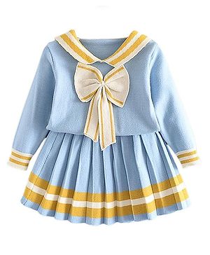 Little Surprise Box Cotton Full Sleeves Bow Applique Detailed & Colour Blocked Top & Skirt Set - Blue