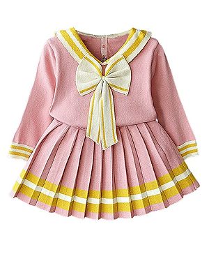 Little Surprise Box Cotton Full Sleeves Bow Applique Detailed & Colour Blocked Top & Skirt Set - Pink