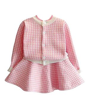 Little Surprise Box Cotton Full Sleeves Houndstooth Printed Cardigan & Skirt Set - Pink