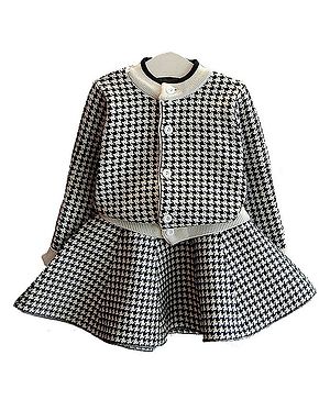 Little Surprise Box Cotton Full Sleeves Houndstooth Printed Cardigan & Skirt Set - Black