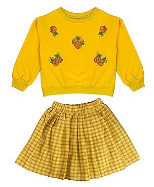 Little Surprise Box Cotton Full Sleeves Pineapple Embroidered Sweatshirt & Skirt Winter Wear Set - Yellow