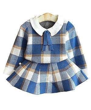 Little Surprise Box Cotton Full Sleeves Checked Sweatshirt & Skirt Set - Blue