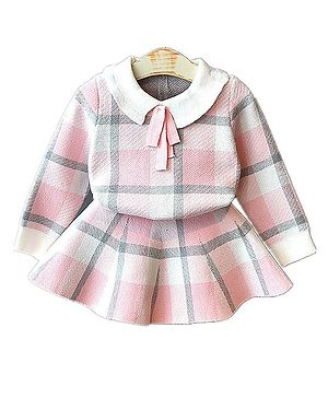 Little Surprise Box Cotton Full Sleeves Checked Sweatshirt & Skirt Set - Pink